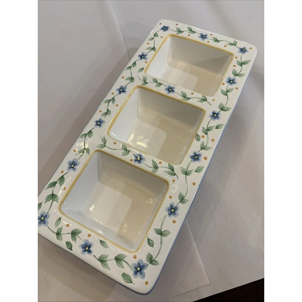 Pfaltzgraff Melissa Relish Dish 3 Part Divided Tidbit Serving Tray Blue Floral
